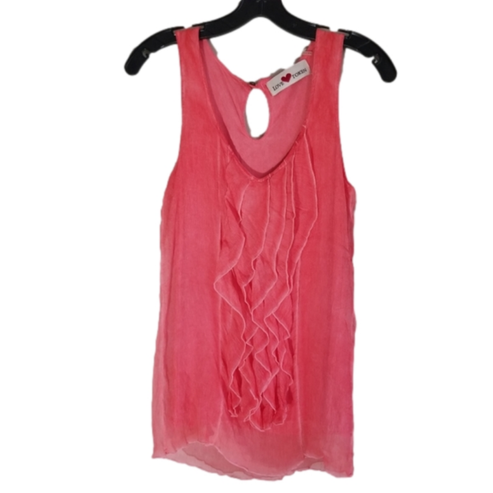 Love Token Pure Silk Salmon Pink Sleeveless Ruffle Top V Neckline Size Medium